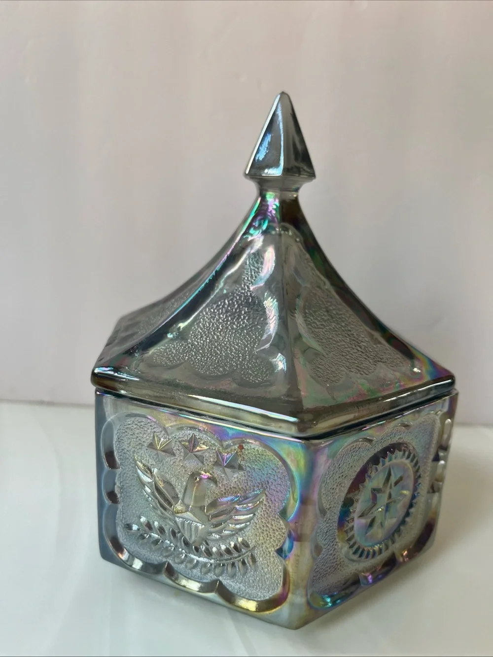 Indiana Glass Iridescent Carnival Glass Lidded Trinket Box